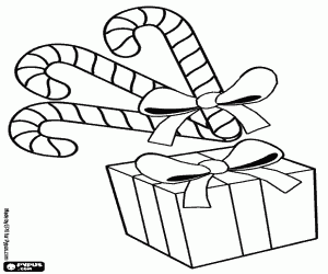 desenho de Bast�es doces com uma fita e caixa de presente com la�o para colorir