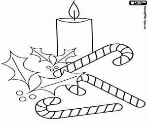 desenho de Bast�es doces, uma vela acesa e um raminho de azevinho com bagas vermelhas para colorir