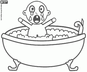desenho de Beb� chorando inconsol�vel durante o banho em uma pequena banheira para colorir