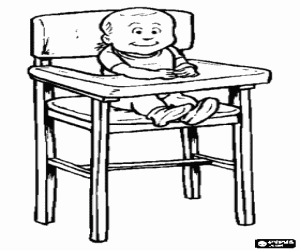 desenho de Beb� com o babador assentado na sua cadeira alta pronto para comer para colorir