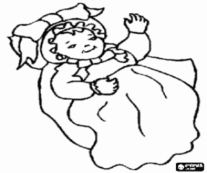desenho de Beb� com um elegante vestido com la�o e chap�u para colorir