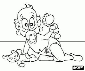 desenho de Beb� com uma chupeta na boca, um guizo e um ursinho de pel�cia nas m�os para colorir