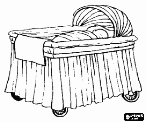 desenho de Beb� em um ber�o decorado com saias para colorir