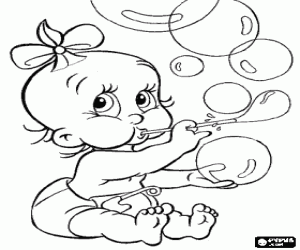 desenho de B�be menina jogando a fazer bolhas para colorir