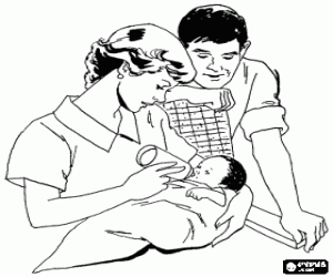desenho de Beb� que toma a sua mamadeira ou biber�o nos bra�os da sua m�e e sob o olho atento de seu pai para colorir