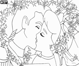 desenho de Beijo entre o pr�ncipe ea princesa cercados de estrelas para colorir