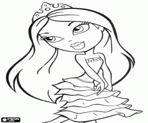 desenho de Bela garota Bratz com um vestido de noite muito elegante e uma tiara para colorir