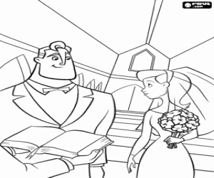 desenho de Bob e Helen Parr muito felizes na igreja durante o seu casamento e com elegantes vestidos para colorir