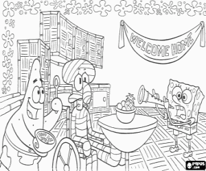 desenho de Bob e Patrick na festa de boas vindas na casa do Lula Molusco depois de seu acidente para colorir