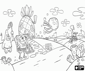 desenho de Bob Esponja com ums bin�culos, Patrick Estrela a tentar apanhar �gua-viva em frente � casa em forma de abacaxi para colorir