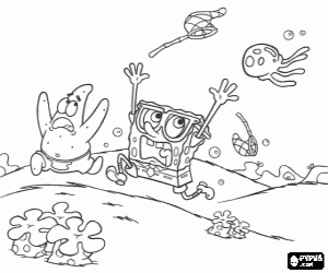 desenho de Bob Esponja e Patrick Estrela, os ca�adores de medusas perseguidos por uma medusa  para colorir