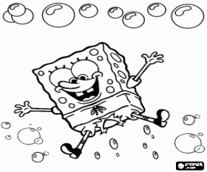 desenho de Bob Esponja feliz pulando entre bolhas para colorir