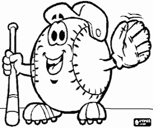 desenho de Bola de beisebol com o bon� de beisebol, luva e taco para colorir