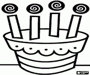desenho de Bolo de anivers�rio com quatro velas acesas para colorir