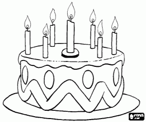 desenho de Bolo de anivers�rio com sete velas acesas para colorir
