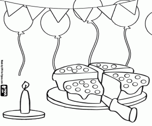 desenho de Bolo de anivers�rio dividido em quatro grandes pe�as e ornamentos com uma vela, bal�es e bandeiras de papel para colorir