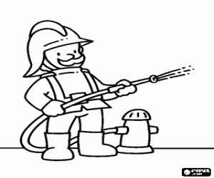 desenho de Bombeiro com mangueira ligada a um hidrante para colorir