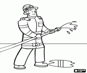 desenho de Bombeiro com mangueira para apagar um inc�ndio para colorir