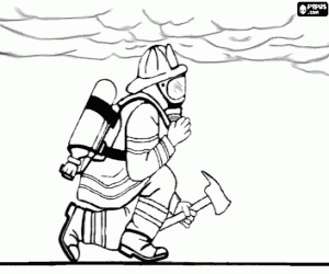 desenho de Bombeiro com m�scara, o  tanque de oxig�nio e o machado agachado sob a densa fuma�a de um inc�ndio para colorir