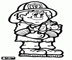 desenho de Bombeiro com um cachorro nos bra�os para colorir