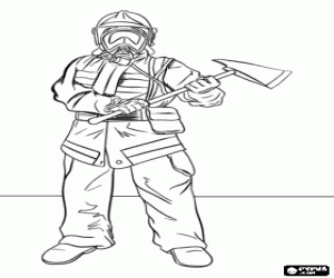 desenho de Bombeiro com um capacete, a m�scara eo machado pronto para a a��o para colorir