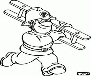 desenho de Bombeiro correndo e carregando uma escada para colorir