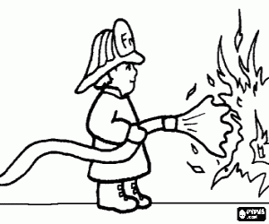 desenho de Bombeiro em a��o com a mangueira que extingue um fogo para colorir
