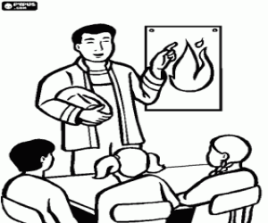 desenho de Bombeiro explicando para agir em caso de inc�ndio em uma escola para colorir