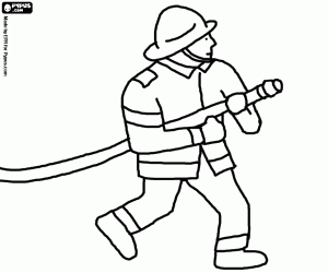 desenho de Bombeiro que corre e que estica uma mangueira para extinguir um fogo para colorir