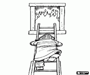 desenho de Bombeiro sube uma escada para entrar pela janela de um pr�dio onde tem um inc�ndio para colorir