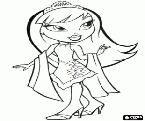 desenho de Boneca Bratz com um vestido de festa e tiara para colorir