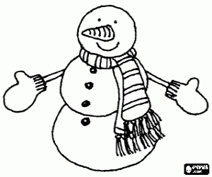 desenho de Boneco de neve com cachecol e com grandes luvas para colorir