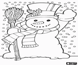 desenho de Boneco de neve com gorro, cachecol e vassoura durante uma nevasca para colorir
