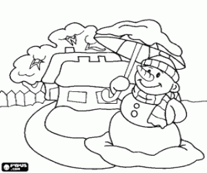 desenho de Boneco de neve com guarda-chuva perto de uma casa para colorir