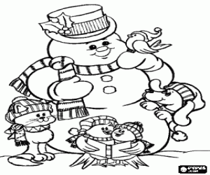desenho de Boneco de neve com seus amigos animais: alguns passarinhos, um c�o e um gato, todos com chap�us e gorros para colorir