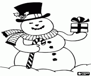 desenho de Boneco de neve, desgastar, chap�u e cachecol, com uma bengala e um presente nas m�os para colorir