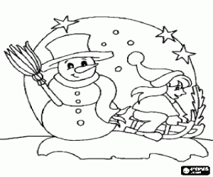 desenho de Boneco de neve sob as estrelas perto de uma menina que vai no tren� para colorir