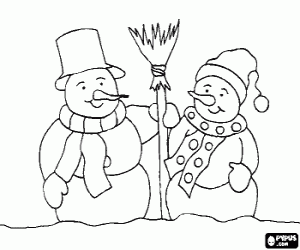 desenho de Bonecos de neve com cachecols, chap�us e uma vassoura para colorir