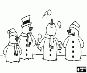 desenho de Bonecos de neve que prestam aten��o como um deles fazem malabarismos com bolas de neve para colorir