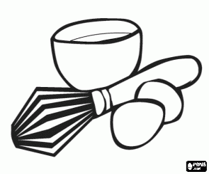 desenho de Bowl com um batedor de claras e dois ovos para colorir