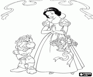 desenho de Branca de Neve e Zangado com alguns enfeites de flores para colorir