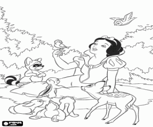 desenho de Branca de Neve sentada no ch�o, brincando com os pequenos animais da floresta para colorir