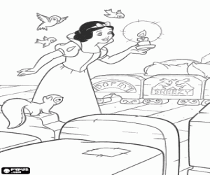 desenho de Branca de Neve surpresa ao descobrir sete pequenas camas na cabana da floresta para colorir