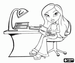 desenho de Bratz estudando com livros e um laptop ou computador port�til para colorir