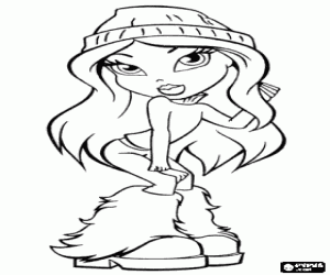 desenho de Bratz no inverno com roupas quentes, gorro de l�, blusa de gola alta e botas peludas para colorir