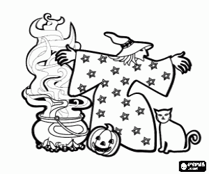 desenho de Bruxa na noite de Halloween com o caldeir�o fervente, a ab�bora  e o gato para colorir