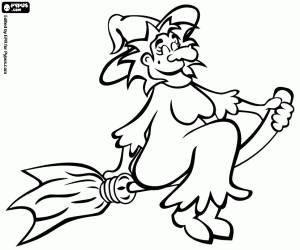 desenho de Bruxa voando em sua vassoura m�gica na noite de Halloween para colorir
