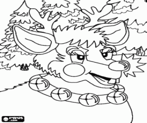 desenho de Cabe�a de Rodolfo, a rena do nariz vermelho, com seu colar de campainhas na floresta para colorir