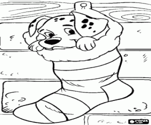 desenho de Cachorro d�lmata em uma meia de Natal pendurada na chamin� para colorir
