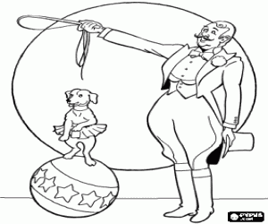 desenho de Cachorro equilibrando sobre uma bola sob o olhar vigilante de seu treinador para colorir
